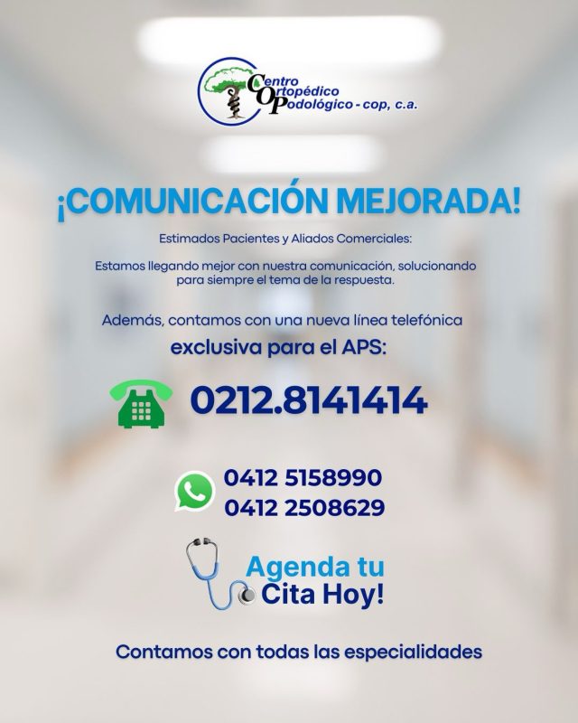📞 ¡Mejoramos nuestra comunicación para ti!
Cuerpo:
En el Centro Ortopédico Podologico queremos estar más cerca de ti. Por eso, ahora contamos con un nuevo número fijo para brindarte una atención más rápida y efectiva.
✔️ Agenda tus citas
✔️ Resuelve tus dudas
✔️ Recibe información clara y confiable
Nuevo número de APS:
📲 0212 8141414
Llámanos y descubre la diferencia en nuestra atención. ¡Tu salud es nuestra prioridad!